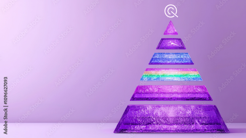 Poster four level pyramid diagram with purple and rainbow layers, showcasing modern design. vibrant colors 