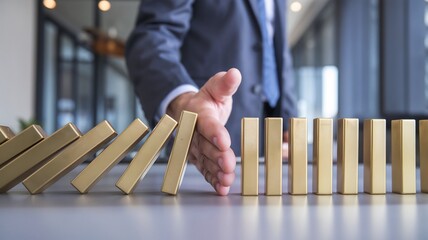 A leader's hand stopping falling collapse golden block domino effect. Business continuity, problem solving, solution and intervention, stability failure concepts.