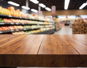 Empty wood table top with supermarket blurred background for product display