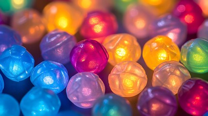 A detailed macro shot of colorful plastic pellets, their smooth surfaces illuminated softly, with light reflecting off each pellet to create intricate patterns and vibrant hues.