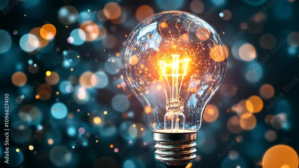 Poster Bright light bulb glowing with sparkling bokeh effects in a colorful background during a creative lighting display