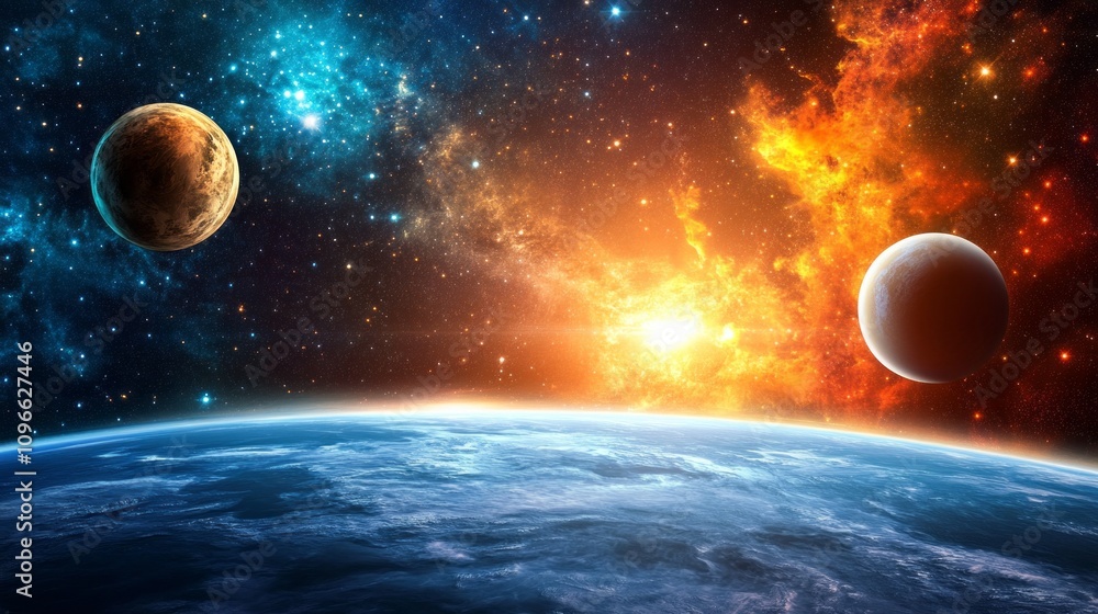 Poster a view of the earth from space, with the sun shining brightly in the background