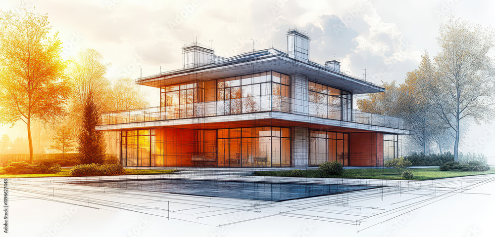 Poster modern house architectural design with realistic and wireframe elements for renovation projects