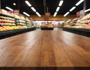 Empty wood table top with supermarket blurred background for product display