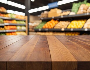 Fototapeta premium Empty wood table top with supermarket blurred background for product display