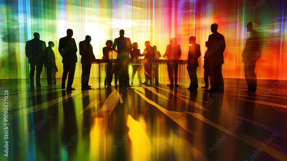Poster multicolored abstract figures animatedly brainstorming at a circular table in a bright, elegant offi