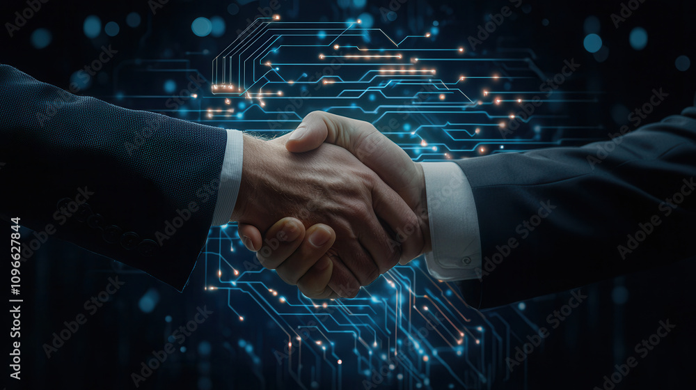Aufkleber handshake between two business professionals symbolizes collaboration and innovation in digital worl