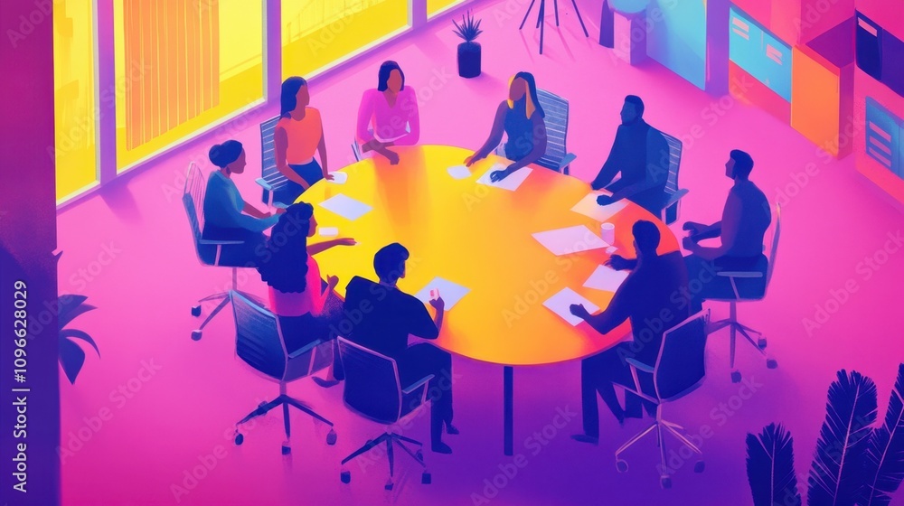 Poster multicolored abstract figures animatedly discussing ideas in a meeting around a circular table, surr