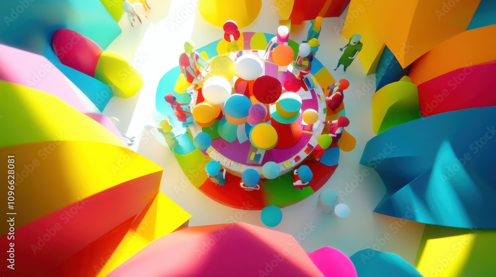 Poster multicolored abstract figures animatedly discussing ideas in a meeting around a circular table, surr