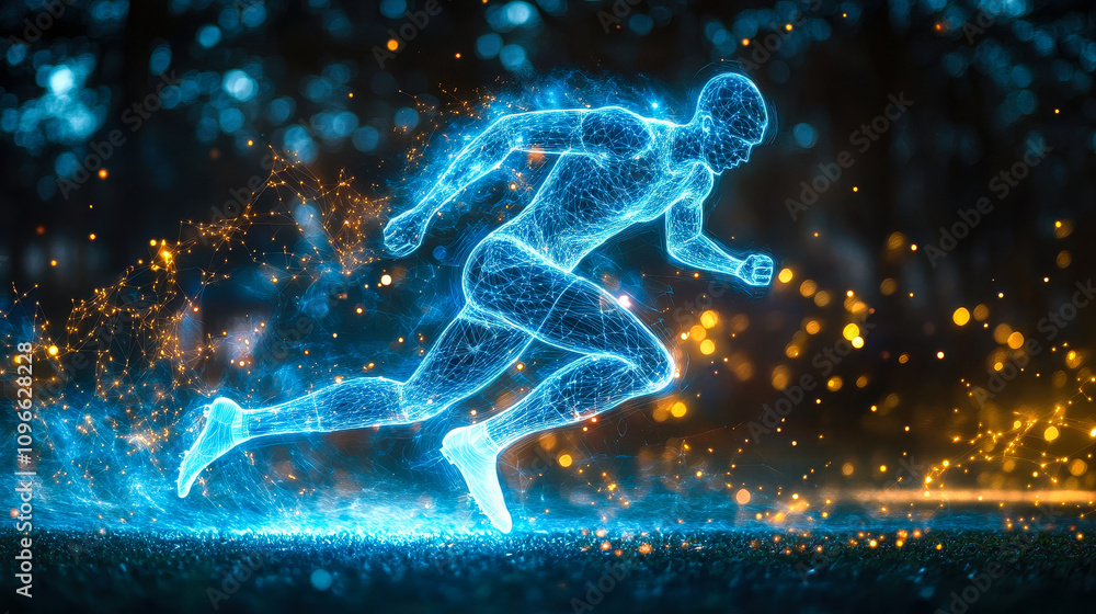 Poster digital soccer player with ai enhancing athlete performance and team strategy visualization