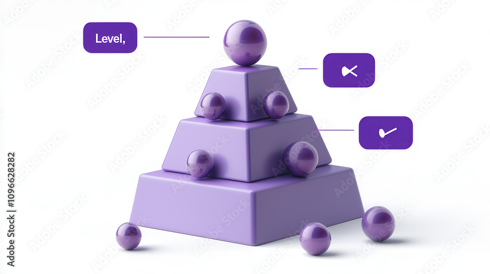 Poster purple pyramid structure with spheres, showcasing levels and symbols. this infographic illustrates c