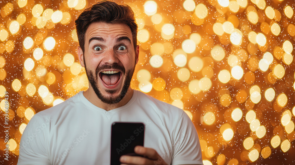 Aufkleber man with joyful expression is holding smartphone, surrounded by festive bokeh background. his excite