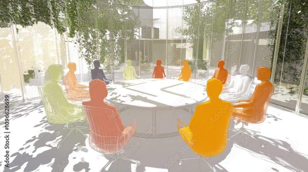 Poster multicolored abstract figures participating in a meeting around a circular table in a bright, detail