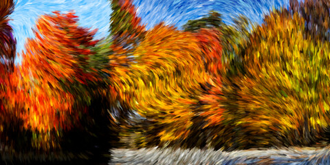 Vibrant autumn foliage swirls in dynamic patterns, blending fiery reds, oranges, and yellows against a backdrop of deep green and sky blue. 