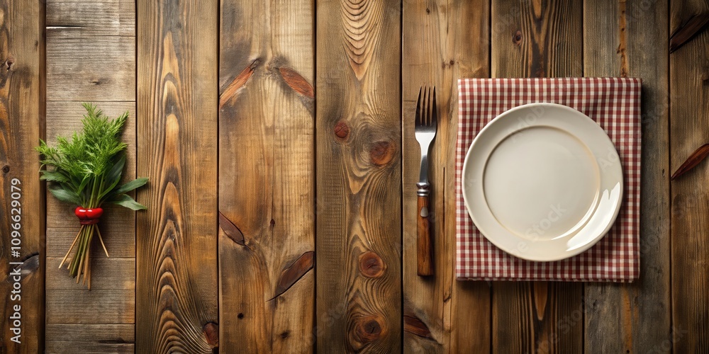 Poster rustic wooden table with a single place setting featuring a white plate, a fork, and a checkered red