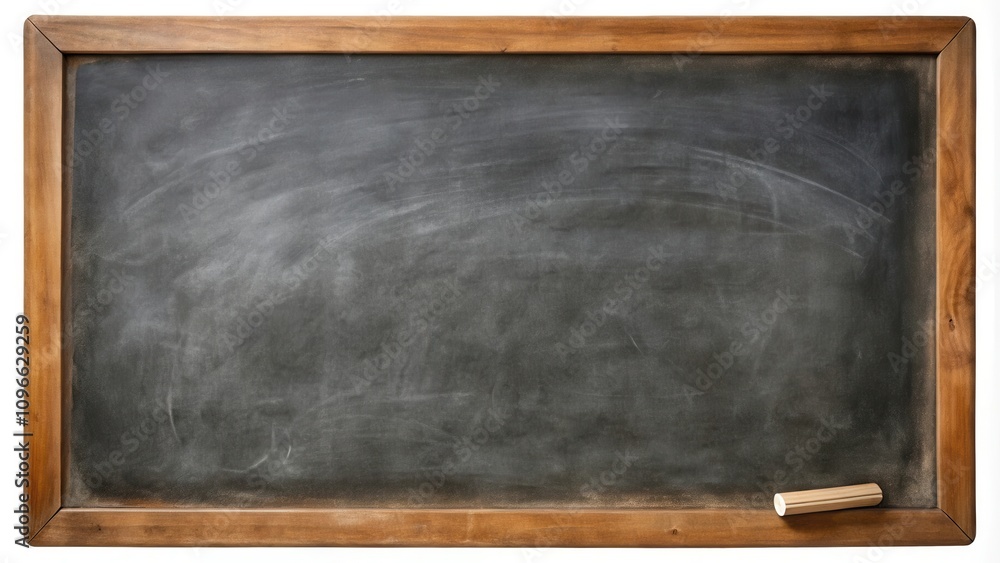 Aufkleber a blank, dusty chalkboard with a wooden frame and a piece of chalk resting at the bottom right corne