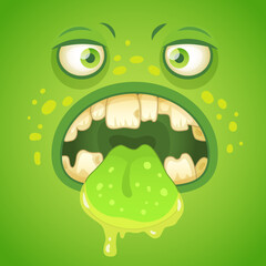 Funny monster face with a big green tongue and teeth, both scary and humorous, perfect for halloween or fantasy designs. Vibrant colors and playful design for greeting cards, posters, or t shirts