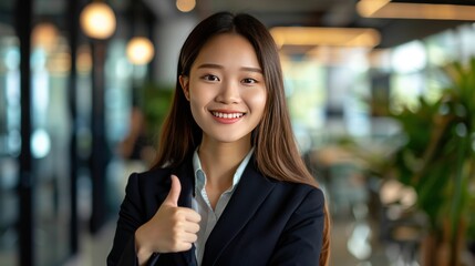 Obraz premium Smiling young businesswoman giving two thumbs up in a formal suit, standing in a bright and professional office environment.