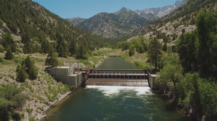Fototapeta premium Powerful water currents rushing through turbines at a hydroelectric dam, nestled among tranquil mountain ranges.