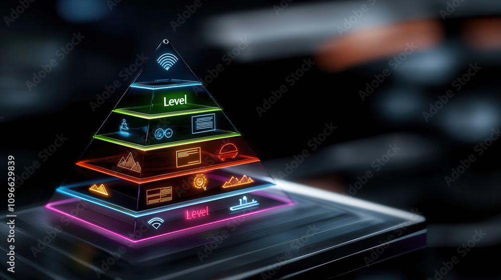 Poster colorful pyramid diagram with labeled levels showcasing various icons representing different concept