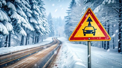 A warning sign with a car symbol on a snow-covered road surrounded by snowy trees in the winter