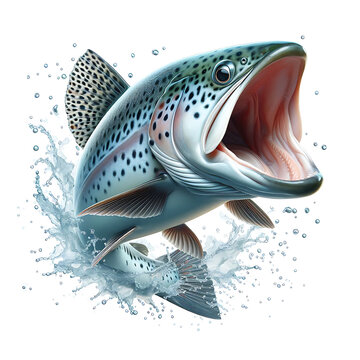 Forelle Lachs Fisch mit offenem Maul Raubfisch springt mit Wasserspritzern vor Hintergrund aus wei&szlig;, angeln fischen Sportangler Sprung angeln Raubfisch Beute Bach See Meer Flu&szlig; S&uuml;&szlig;wasser Salzwasser 