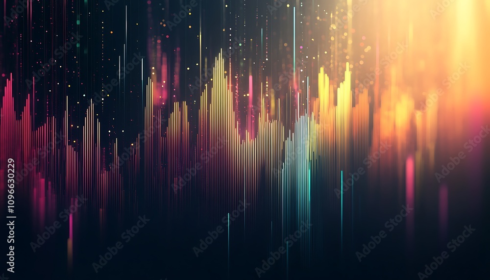Poster abstract digital visualization of sound waves with vibrant colors and dynamic patterns.