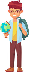 Geography student holding globe and wearing backpack is smiling and ready for class, showing interest in world affairs and cultural exchange