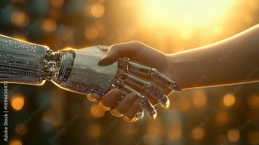 Poster robot and human hand close up in handshake, symbolizing collaboration and unity in technology. warm 