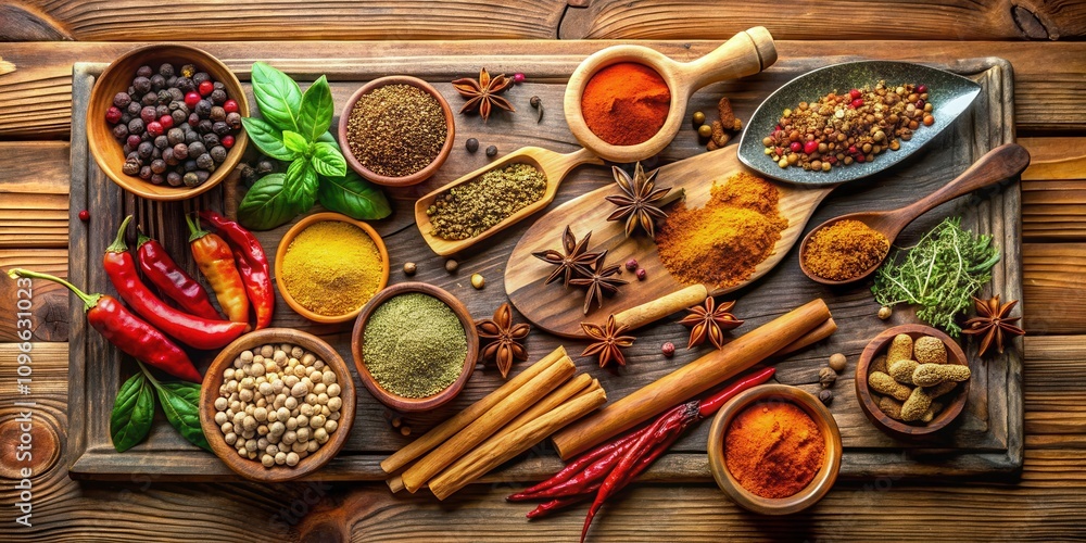 Poster a rustic wooden tabletop displayed with an assortment of spices in various wooden bowls and spoons
