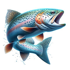 Forelle Lachs Fisch mit offenem Maul Raubfisch springt mit Wasserspritzern vor Hintergrund aus weiß, angeln fischen Sportangler Sprung angeln Raubfisch Beute Bach See Meer Fluß Süßwasser Salzwasser 