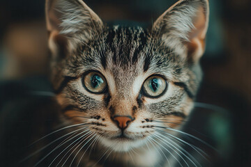Close-Up Portrait of a Striped Domestic Cat with Bright Green Eyes and Whiskers