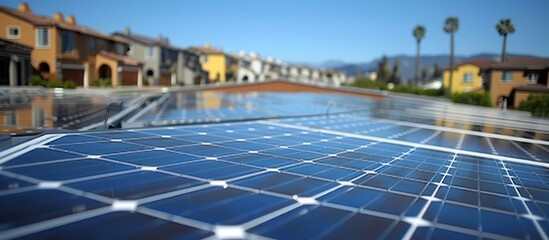Close-up of solar panels on a residential roof with houses in the background.