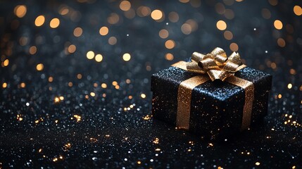 Sparkling Black Gift Box Gold Bow Festive Glitter Background