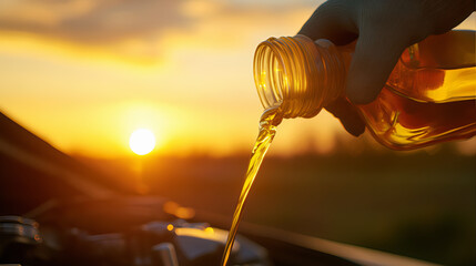 How to Perform an Oil Change: Pouring Engine Oil into a Car in a Sunlit Garage