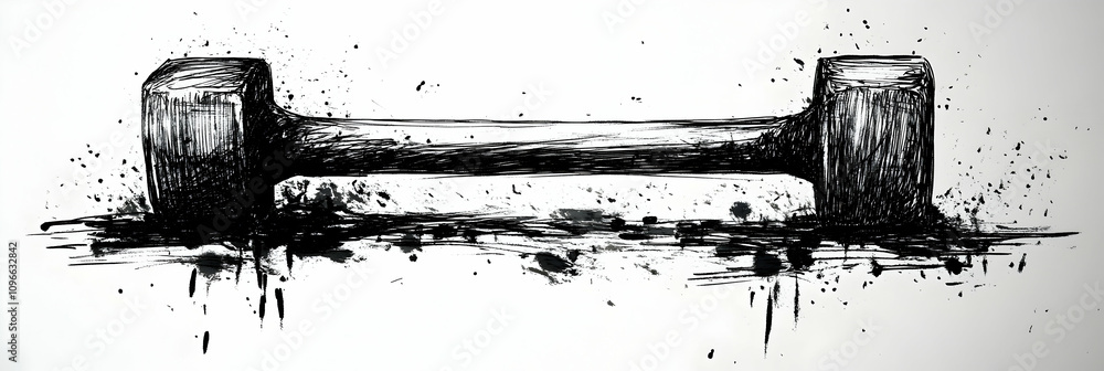 Poster abstract ink drawing of a dumbbell with splashes of black ink, creating a powerful and expressive ar
