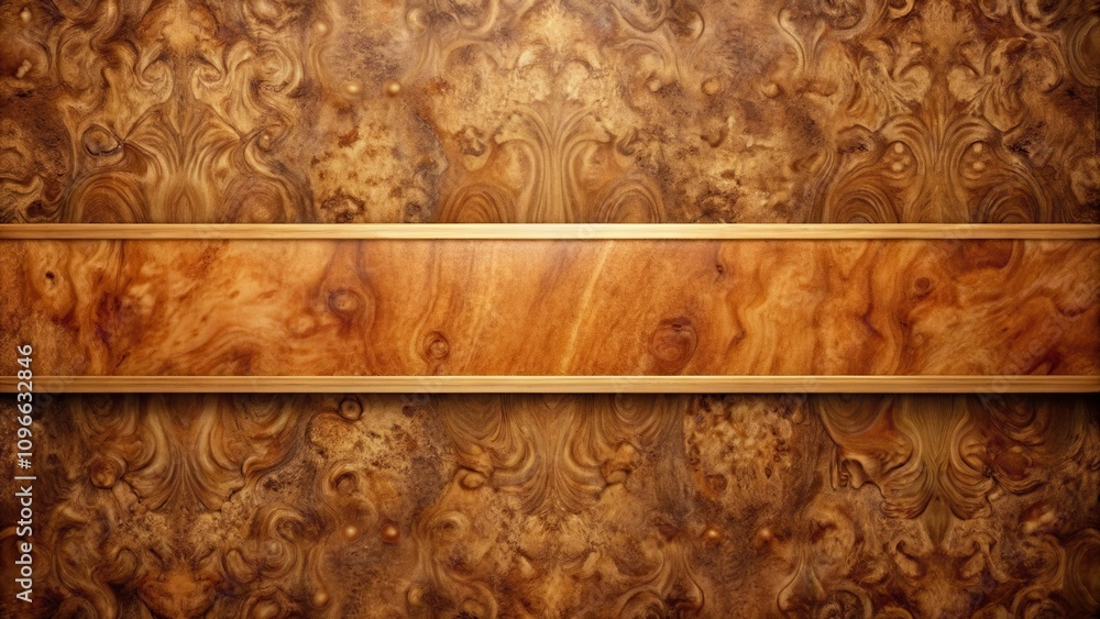 Poster a horizontal wooden frame with a smooth surface sits atop an intricate burl wood grain background.