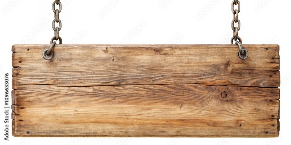 Poster rustic weathered wooden sign hanging by a chain with blank surface for text or design