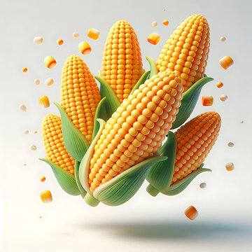 Maiskolben 3D schwebend gold gelb mit gr&uuml;n vor hellem Hintergrund Nahrung Essen Maisk&ouml;rner Getreide Vorlage Ern&auml;hrung Anbau Ernte roh Gem&uuml;se Cornflakes isoliert frisch Zuckermais bio vegan Pop Corn 