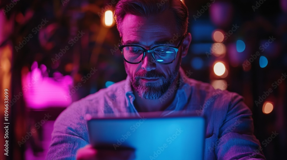 Poster man using tablet in neon lit setting