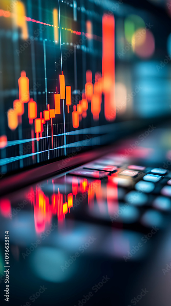Aufkleber abstract stock market data displayed on laptop screen with glowing candlestick charts in red and ora