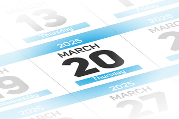 20 March 2025 year date calendar day illustration