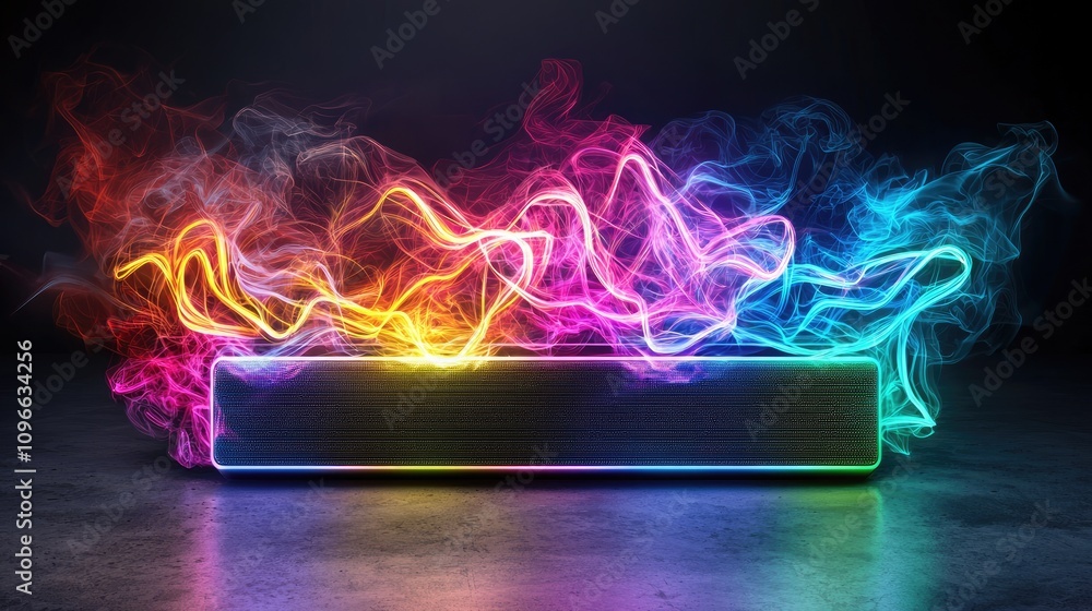 Poster a vibrant, illuminated speaker emits colorful waves of light and smoke in a dark environment, creati
