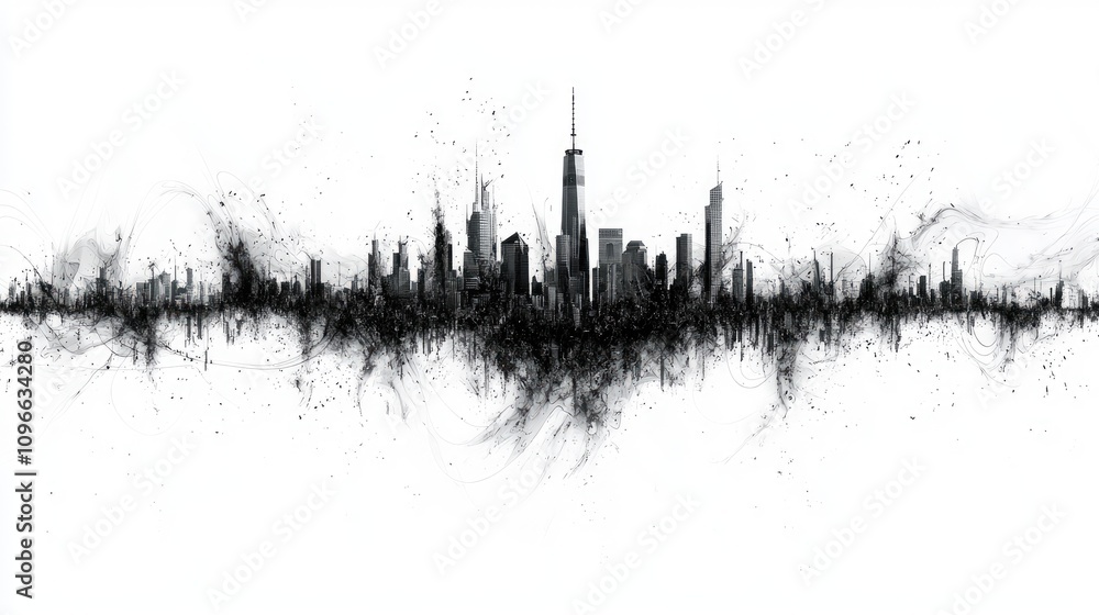 Poster a stylized silhouette of a city skyline with abstract, ink-like splashes, creating a dynamic visual 