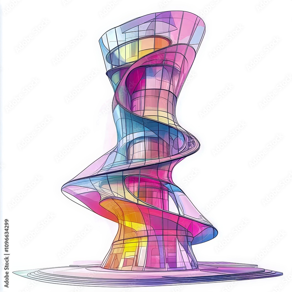 Poster colorful and modern architectural design featuring a spiraling structure with vibrant hues and a uni