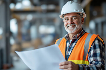 Construction worker holding blueprint, industrial site background, senior engineer, safety helmet and reflective vest, building project planning, construction management, 