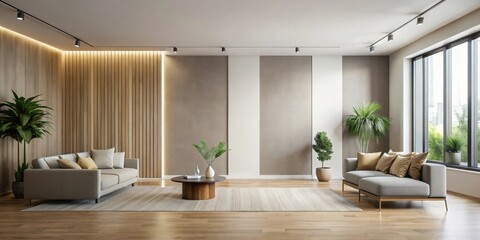 Modern Living Room with Minimalist Design Featuring a Wooden Wall, Neutral Colors, and Large Windows