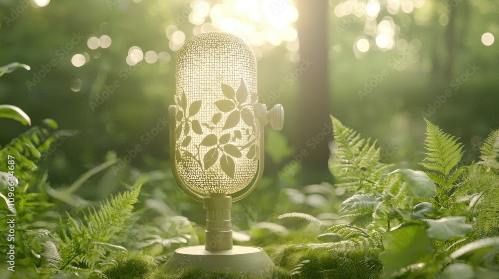 Aufkleber a unique lamp sits amidst lush greenery, softly illuminated by sunlight filtering through trees, cre