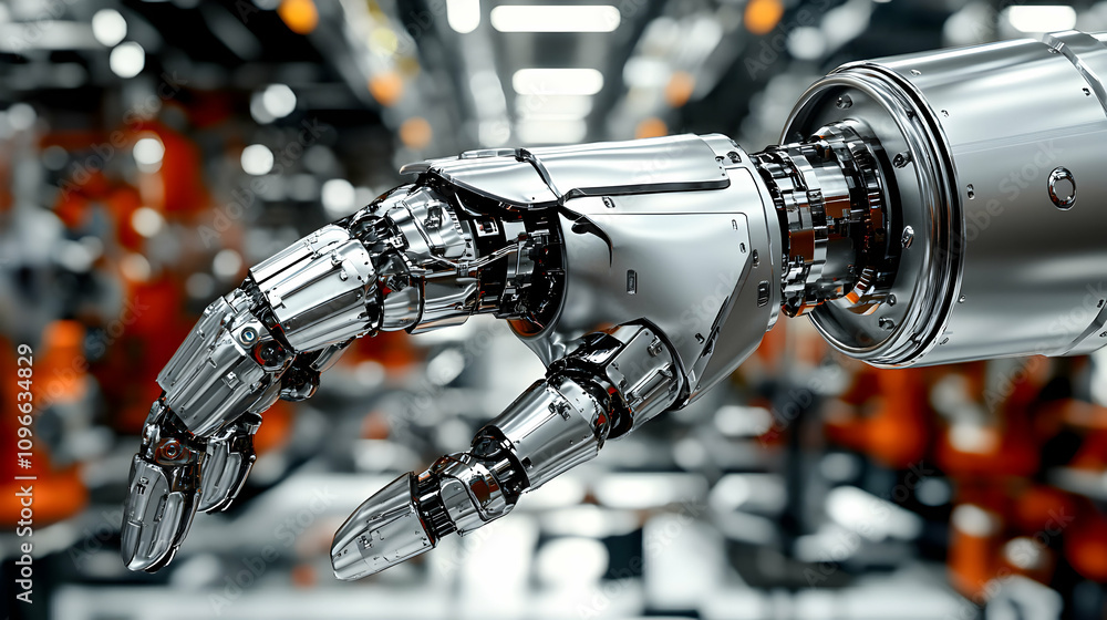 Poster chrome robotic hand gesturing in factory