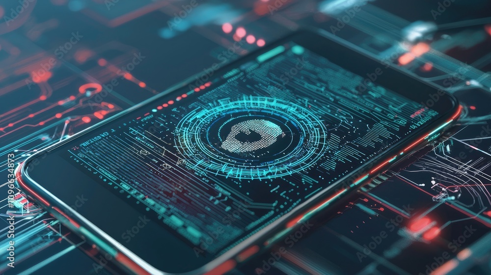 Poster a smartphone displays a digital security interface, highlighting cybersecurity themes in a futuristi